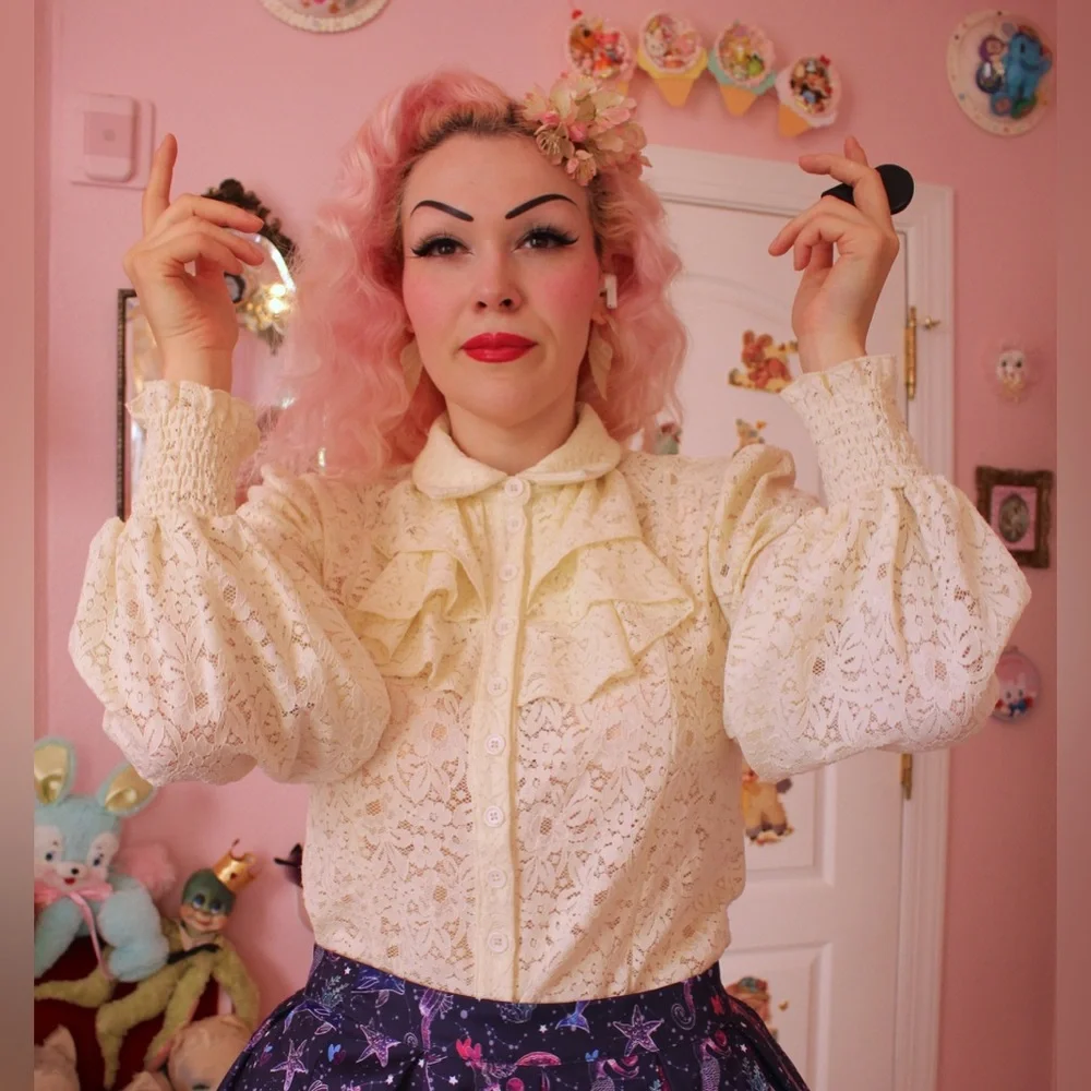 Smak Parlour Vintage Lace Ruffle Blouse sz L - Picture 4 of 6
